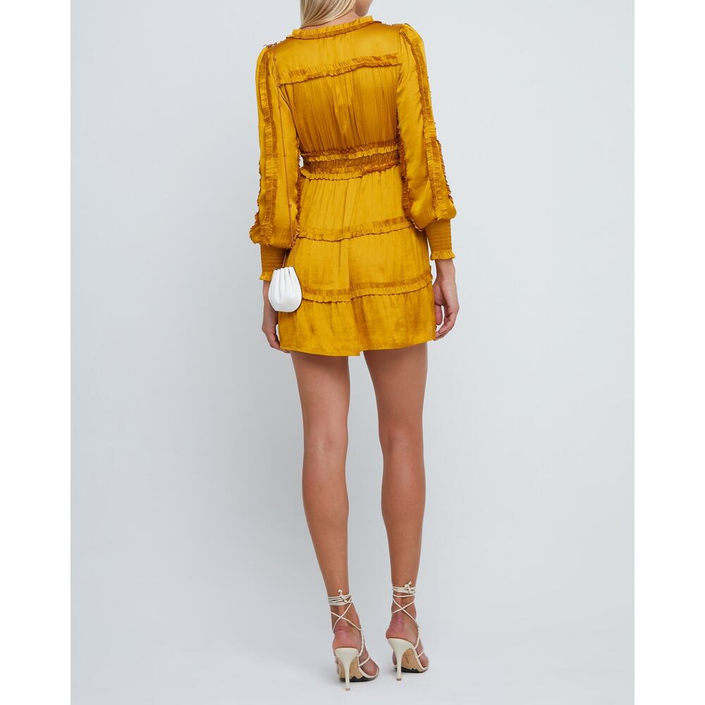 O.P.T. Feminine Modern Tianna Gold Pleated Ruffle Tiered Silky Mini Dress M - Picture 12 of 15